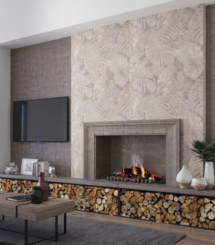 Wall Tile: Large Format Tropical Leaf Pattern Porcelain for Fireplace
