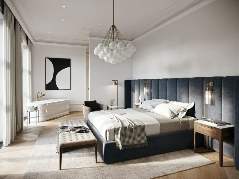 Wall-to-Wall Channeled Headboard Platform Bed with Integrated Tub