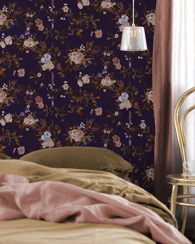 Wallpaper Dark Floral Mustard & Pink Bedding Gold Accent Chair Moody