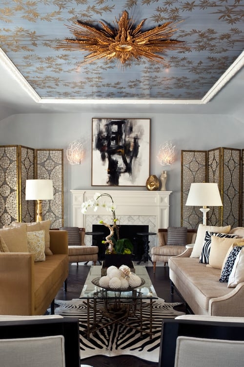 Wallpapered Ceiling Sunburst Fixture Transitional Living Room