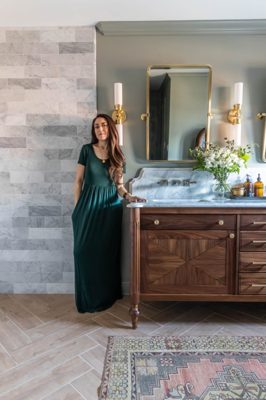 Walnut Vanity with Starburst Inlay & Sage Green Accent Wall
