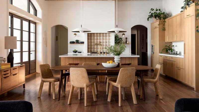 Warm Organic Modern Dining Room with Arched Doors & Tan Chairs