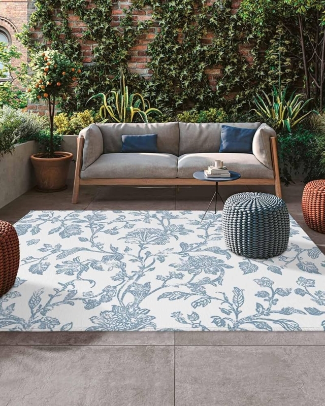 Washable Area Rug Light Blue Floral Vine Pattern French Country Decor