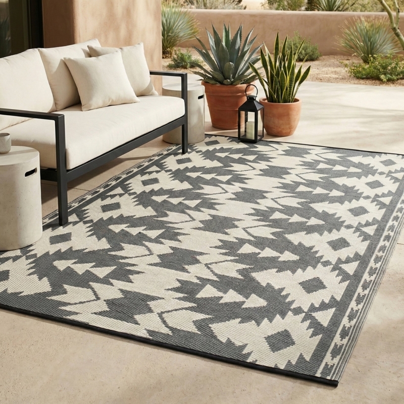 Waterproof Outdoor Area Rug Navy Geometric Pattern Weathered Deck