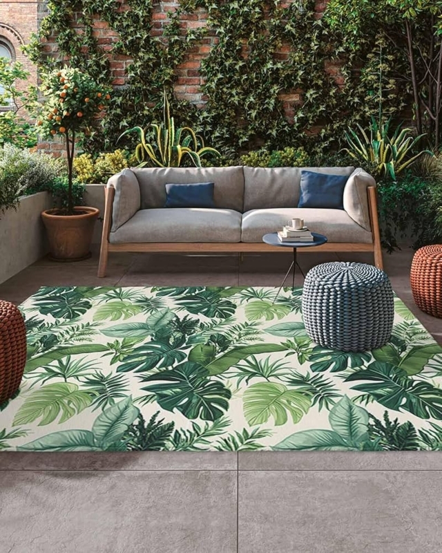 Waterproof Outdoor Rug Oversized Leaf Print Forest Green