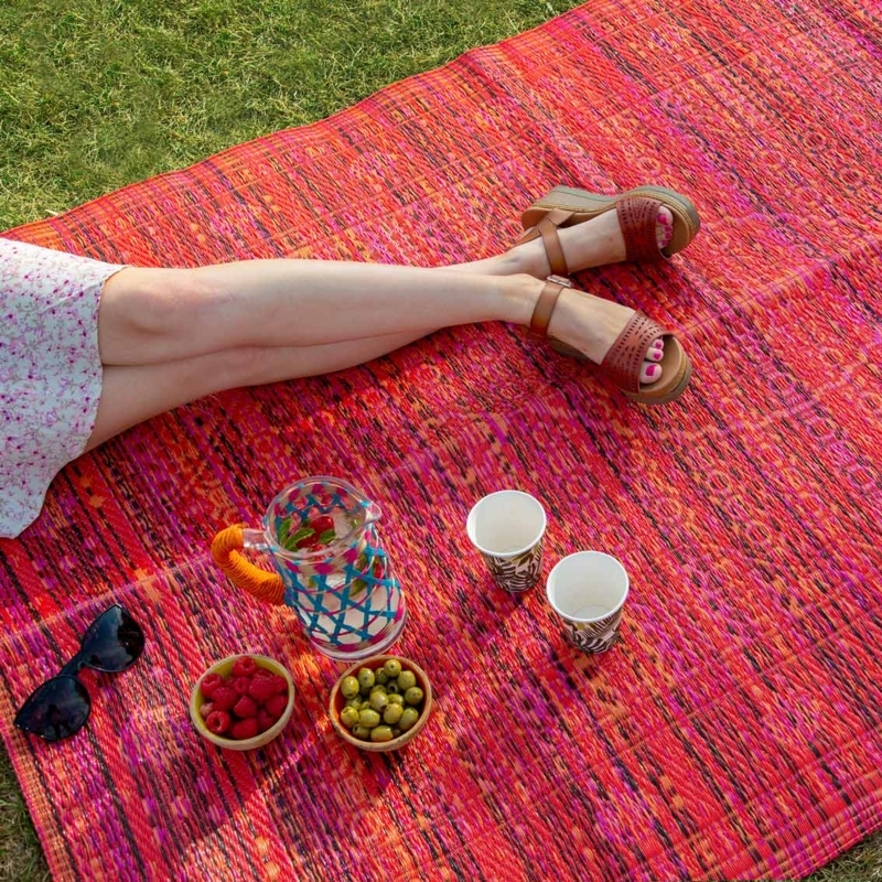 Waterproof Outdoor Rug Red Orange Geometric Ikat Foldable Patio