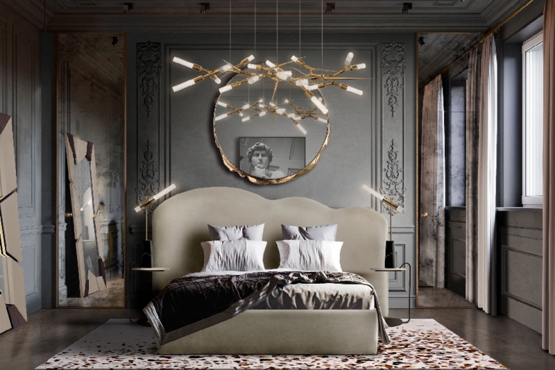 Wavy Headboard Bed & Branch Lighting in Dramatic Dark Grey Bedroom