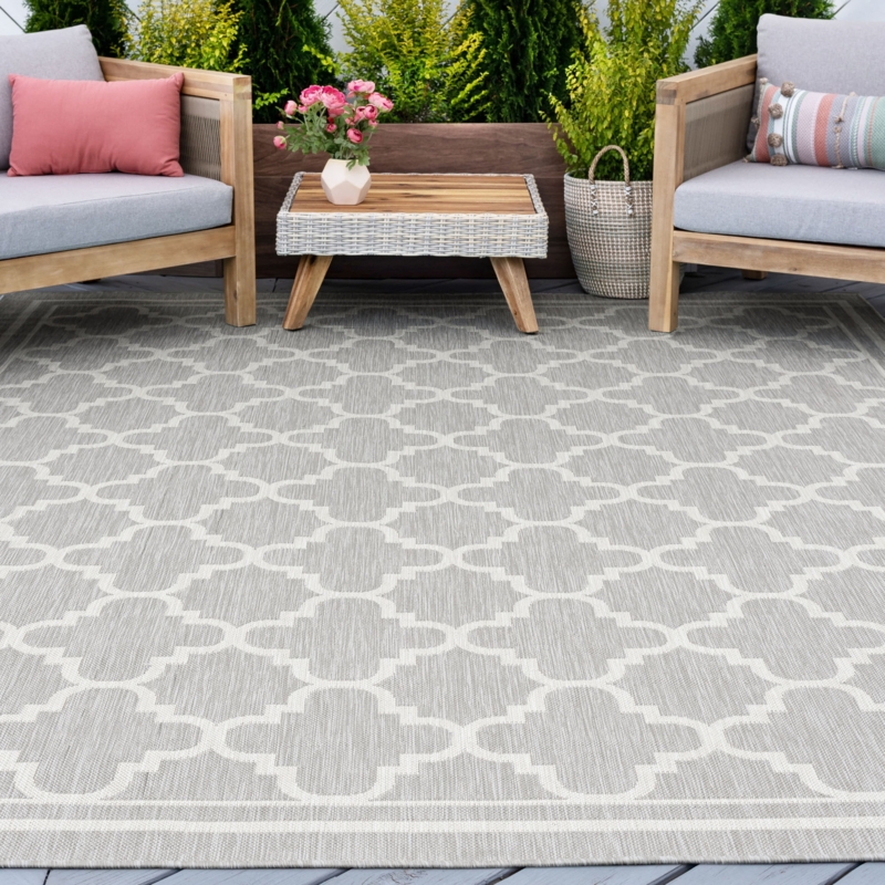 Weather Resistant Area Rug Decor Charcoal Trellis Flatweave Modern