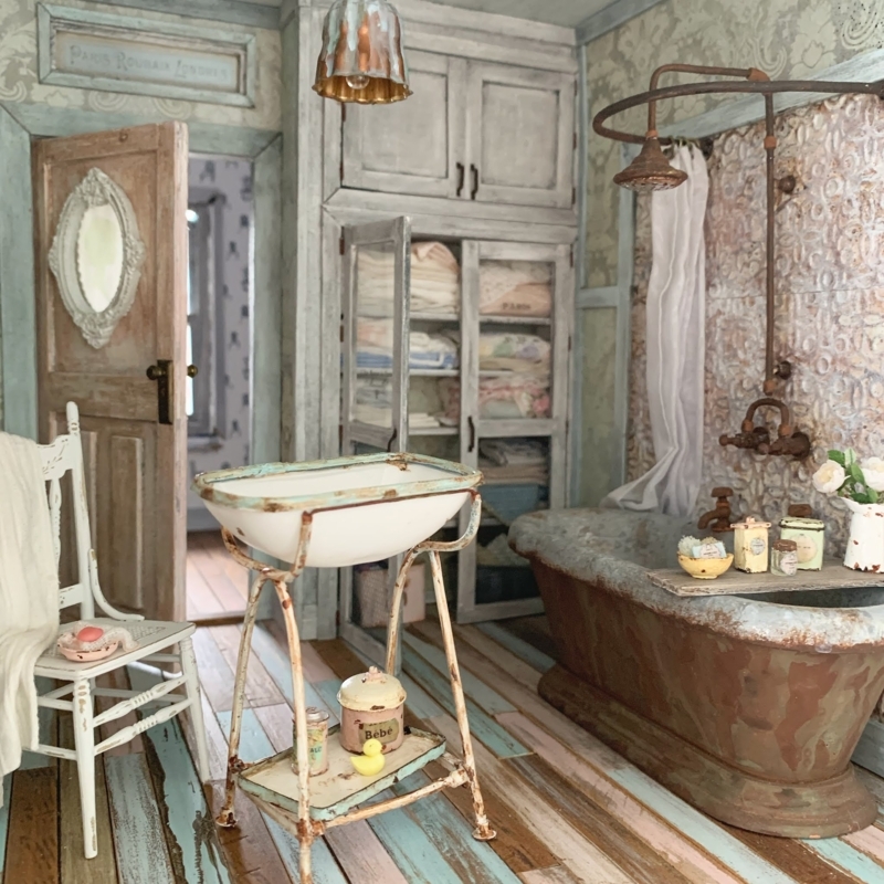 Weathered Copper Tub Bathroom with Rusted Tin Wall Paneling