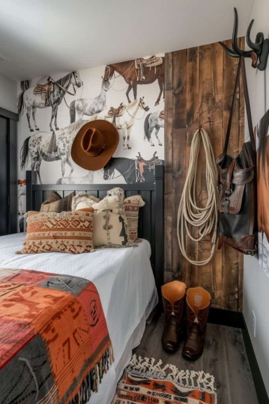 Western Bedroom Decor with Rustic Horse Print Wallpaper and Wood Accents