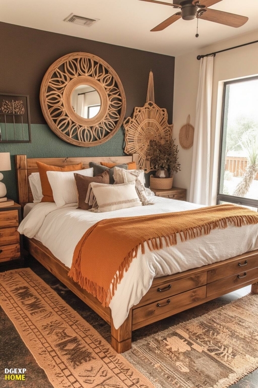 Western Boho Storage Bed Frame with Earthy Terracotta Textiles