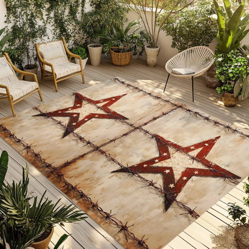 Western Outdoor Area Rug Brown Lone Star Motif and Faux Wood Print