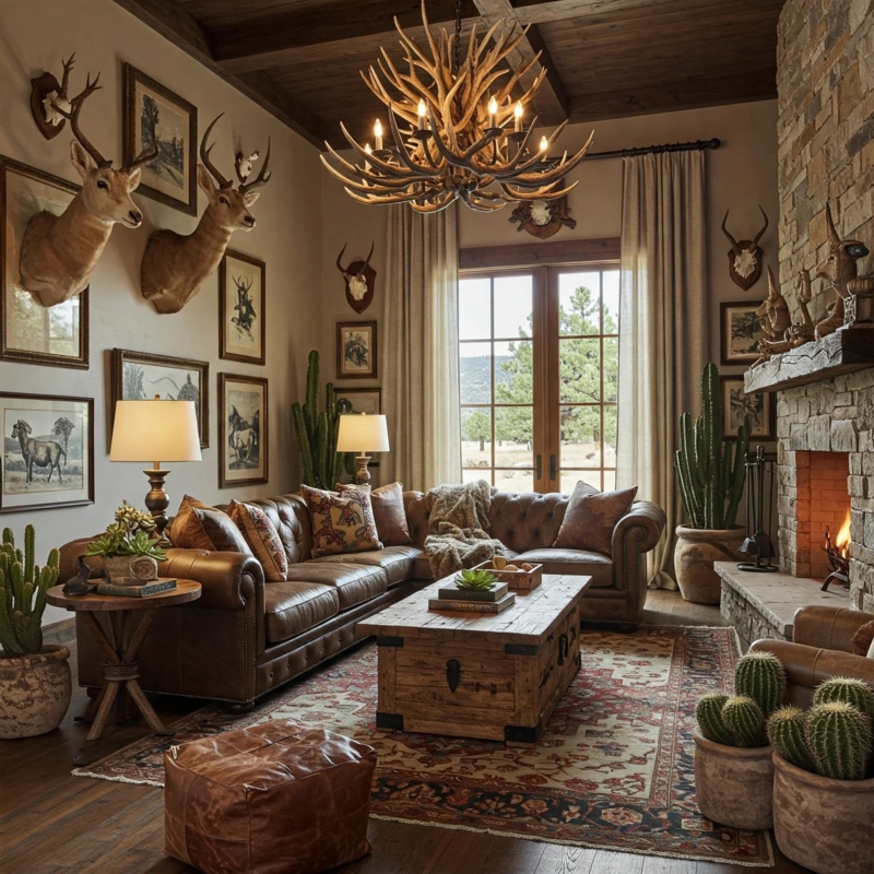 Western Rustic Living Room with Antler Chandelier and Leather Sectional
