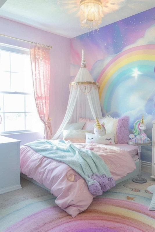 Whimsical Bedroom with a Rainbow Mural and a Unicorn Horn Canopy