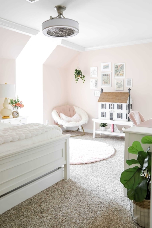 Whimsical Caged Ceiling Fan Light in Blush Pink Bedroom