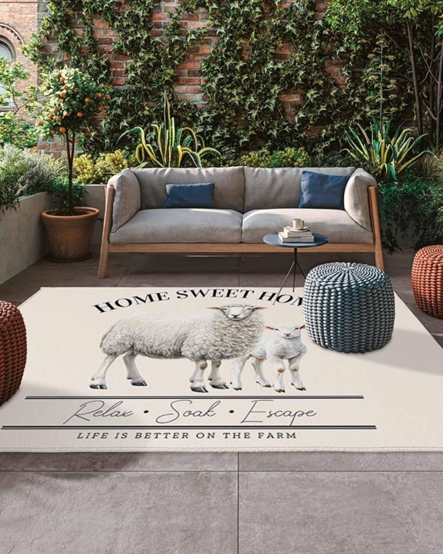 Whimsical Farmhouse Outdoor Area Rug Black with Pictorial Sheep Motif