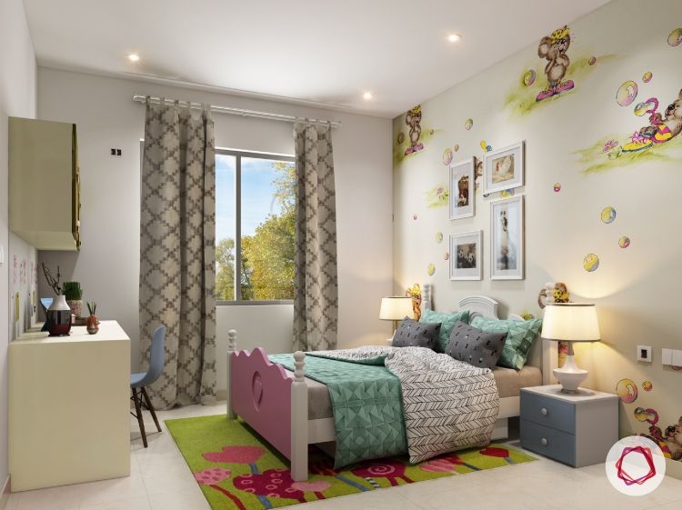 Whimsical Kids Bedroom Wall Mural with Pink Heart Footboard Bed