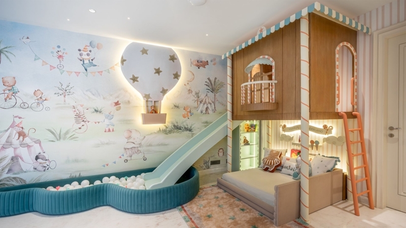 Whimsical Kids Loft Bed with Integrated Slide and Ball Pit