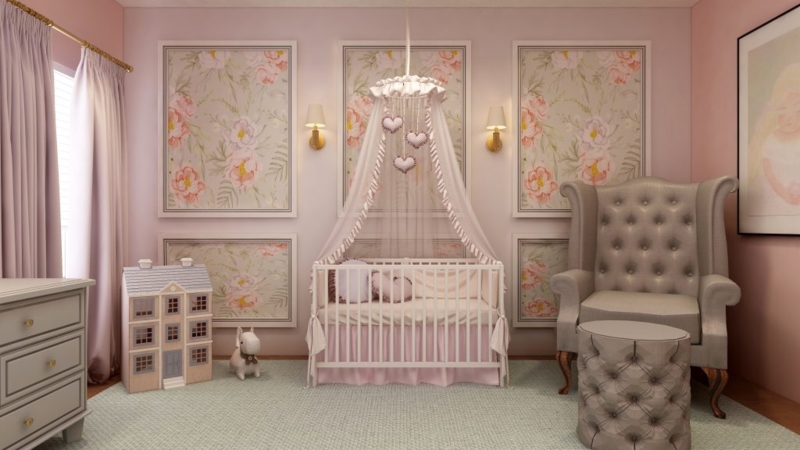 Whimsical Nursery: Framed Floral Wallpaper Panels & Canopy Crib