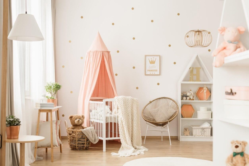 Whimsical Nursery with Gold Polka Dot Wall Decals & Canopy