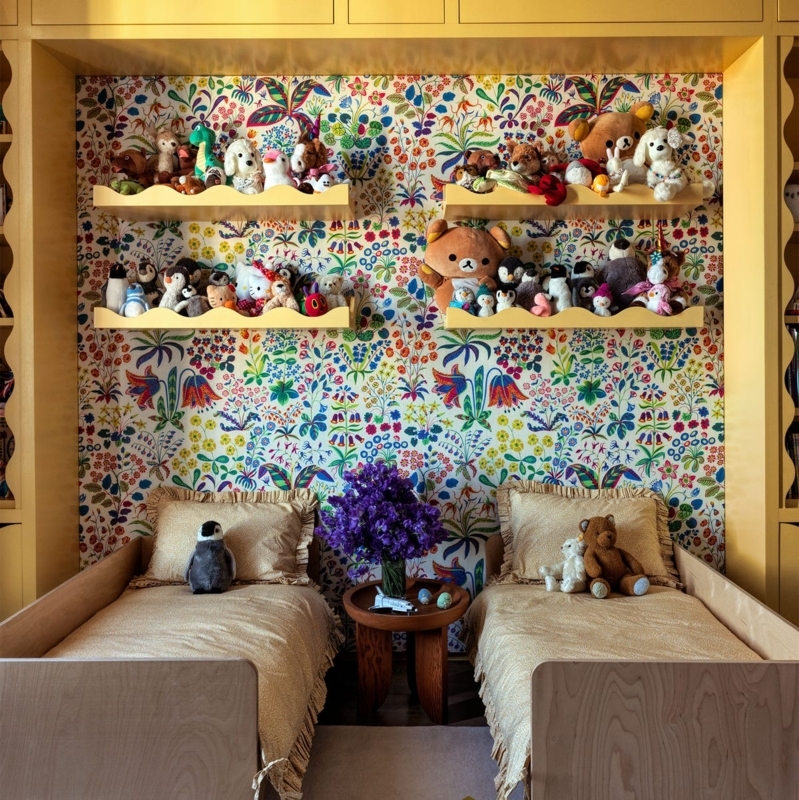Whimsical Shared Kids Bedroom with Yellow Alcove and Floral Wallpaper