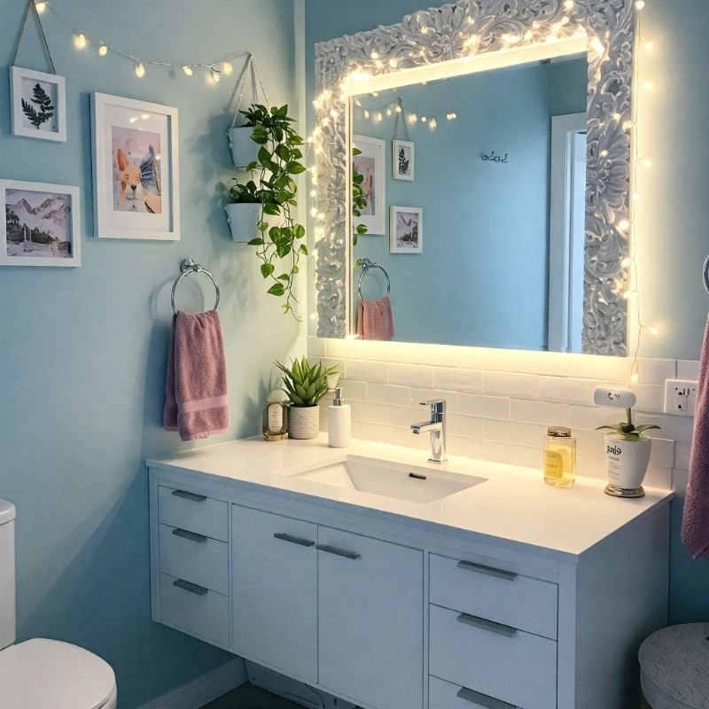 Whimsical Teen Bathroom with fairy lights on ornate mirror frame.