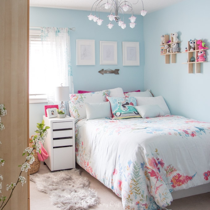 Whimsical Tween Bedroom with Floral Bedding and Faux Fur Rug