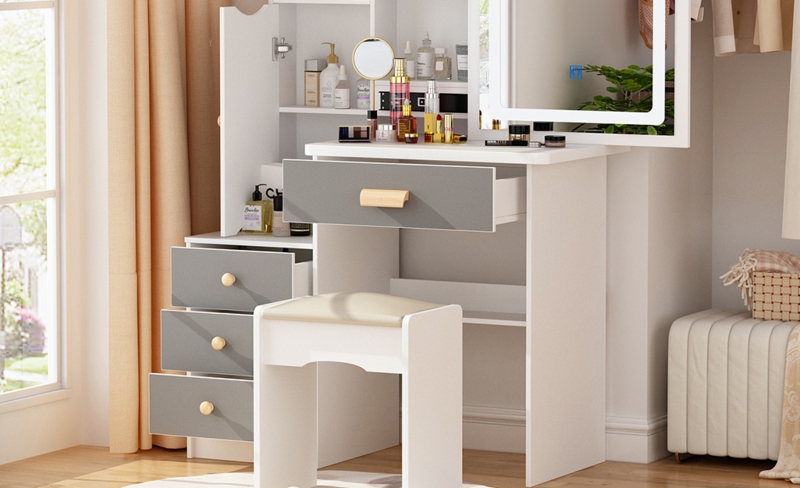 White and Grey Makeup Vanity with Stacked Side Drawers