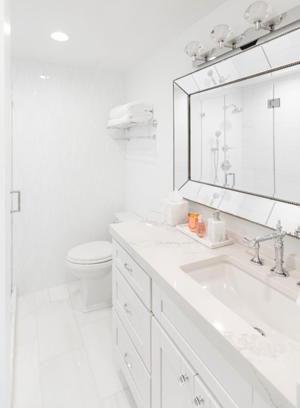 White Bathroom Beveled Mirror Frame, Marble Vanity Top. Glamorous White Mirror.