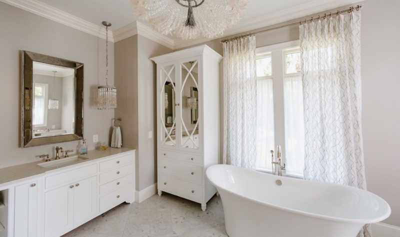 White Bathroom Vanity with Mirrored Linen Cabinet & Tub