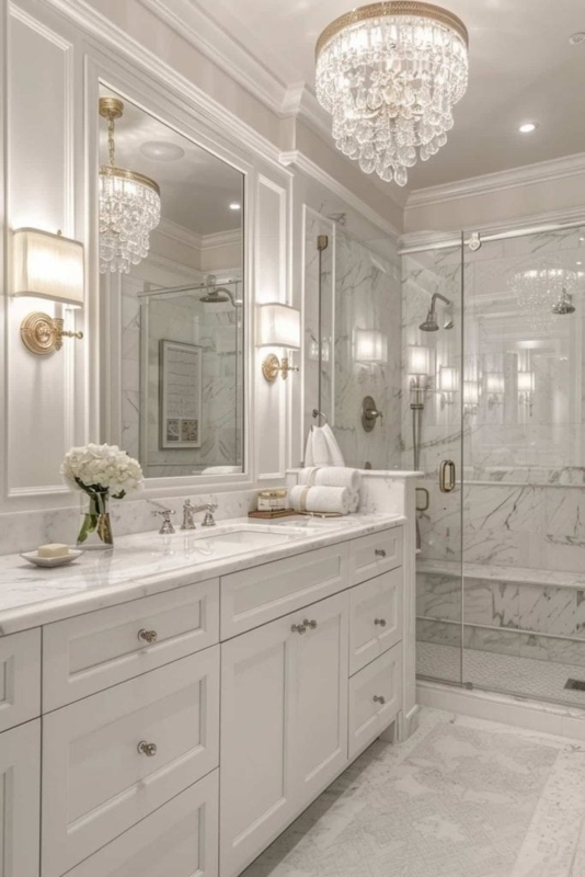 White Bathroom with Marble Wainscoting and Crystal Chandelier