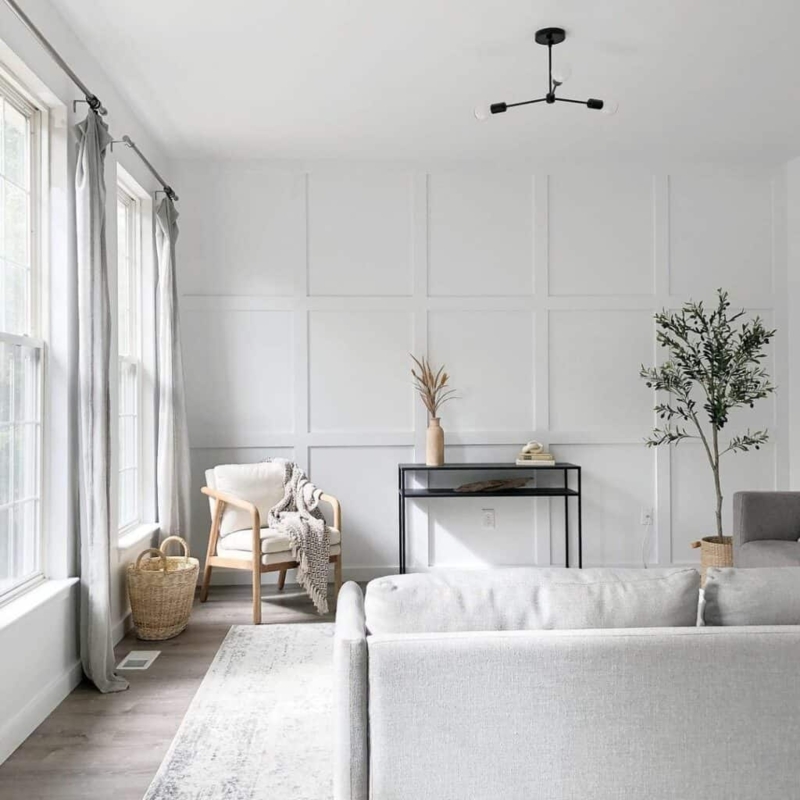 White Board and Batten Accent Wall for Farmhouse Living Room Decor