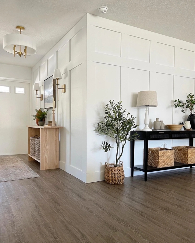 White Board and Batten Entryway Accent Wall with Woven Storage Accents