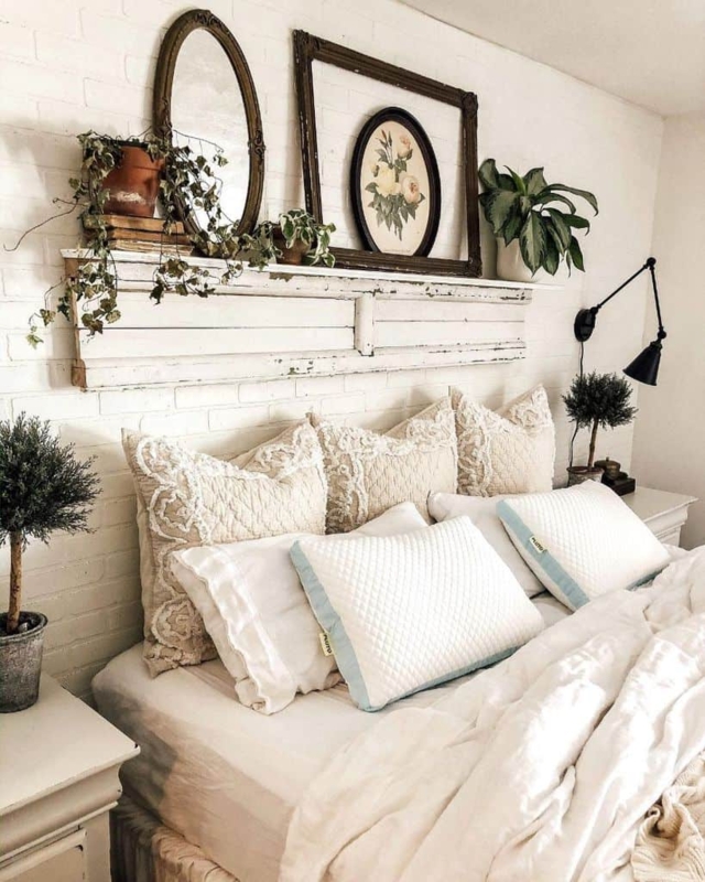 White Brick Bedroom Wall With Distressed Wood Shelf Headboard