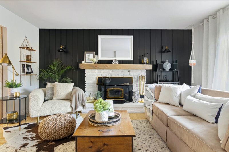 White Brick Fireplace & Vertical Shiplap Paneling | Farmhouse Style