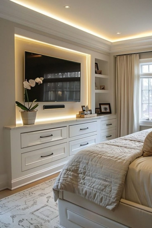 White Built-in Dresser with Integrated Lighting and Recessed TV Niche