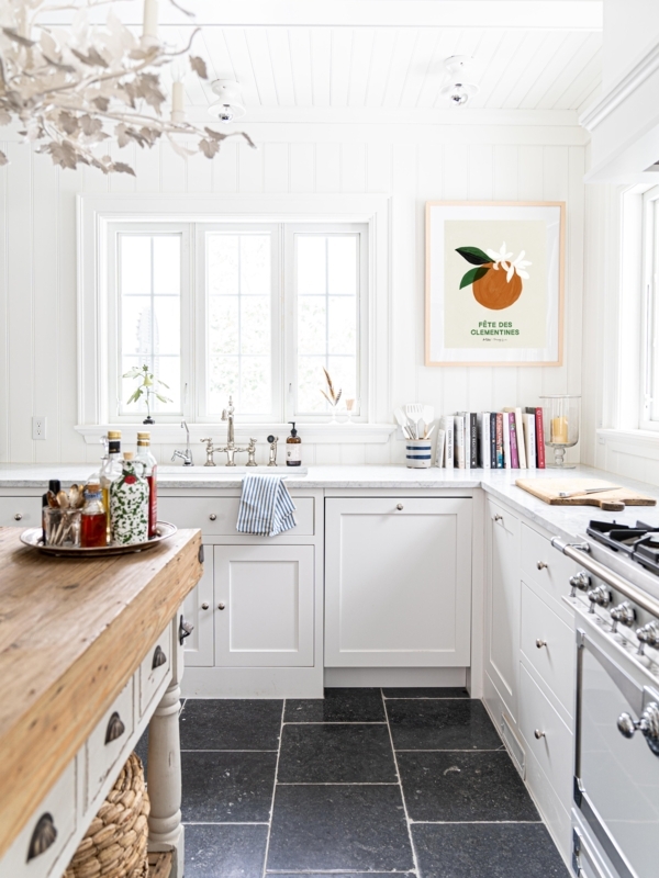 White Cottage Kitchen: Black Slate Floors & Butcher Block Island
