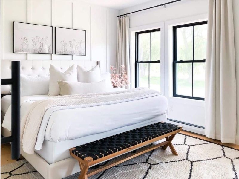 White Curtains with Black Rod and Black Frame Window Bedroom Design