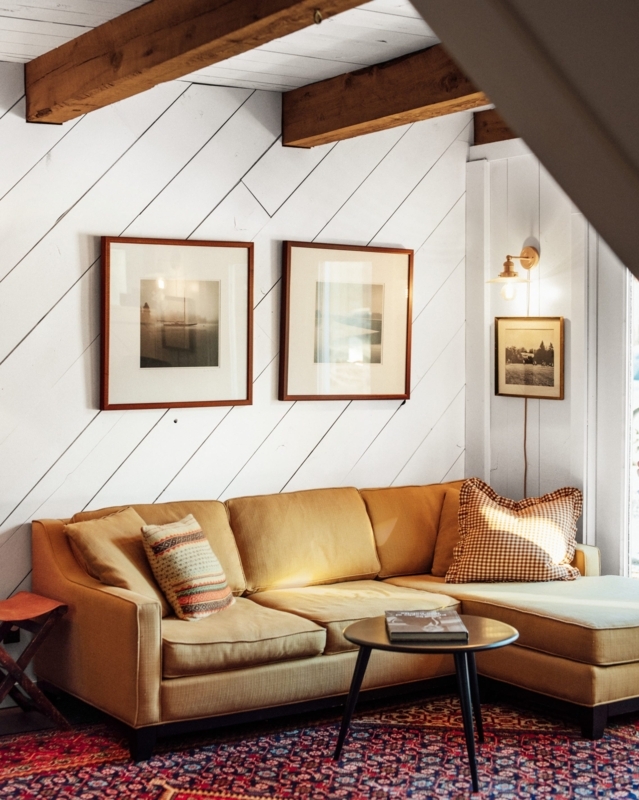 White Diagonal Wall Paneling Ideas with Exposed Wood Beam Ceiling Design