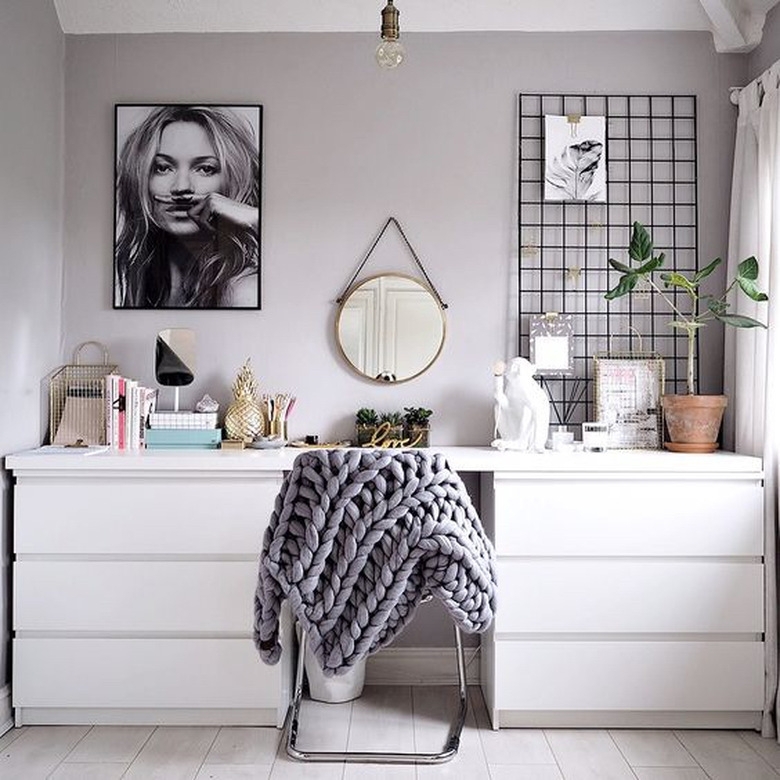 White Double Dresser Desk Hack Styling with Grid Wall Decor