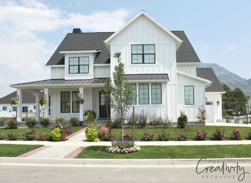 White Farmhouse Curb Appeal with Black Window Trim