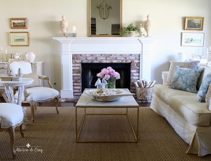 White Fireplace Mantel Styling Ideas for French Farmhouse Living Room