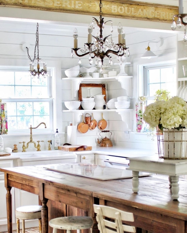White French Country Kitchen with Crystal Chandeliers and Copper Accents