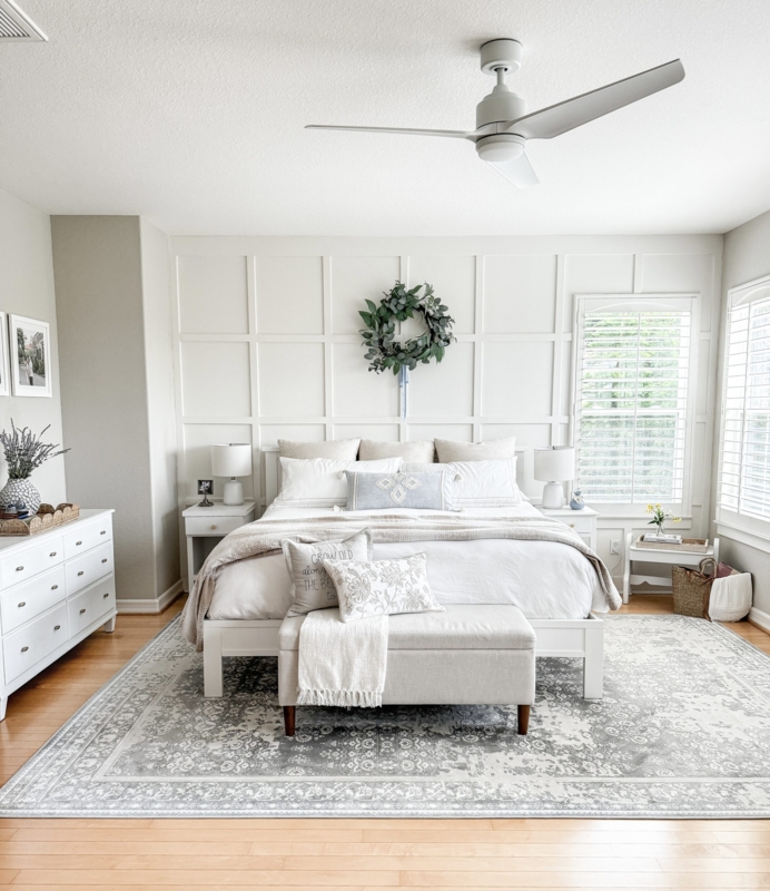 White Grid Molding Accent Wall Farmhouse Bedroom with Shutters