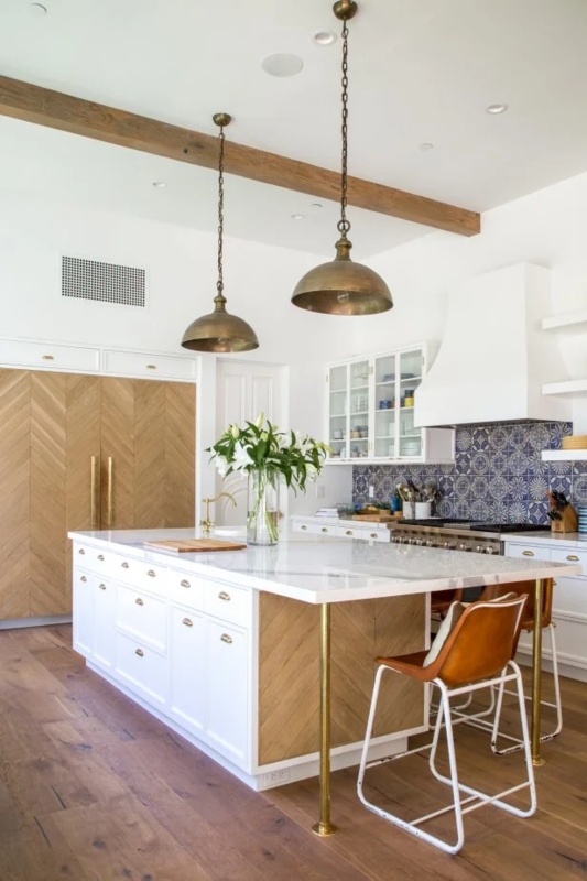White Kitchen Island with Chevron Wood Detailing