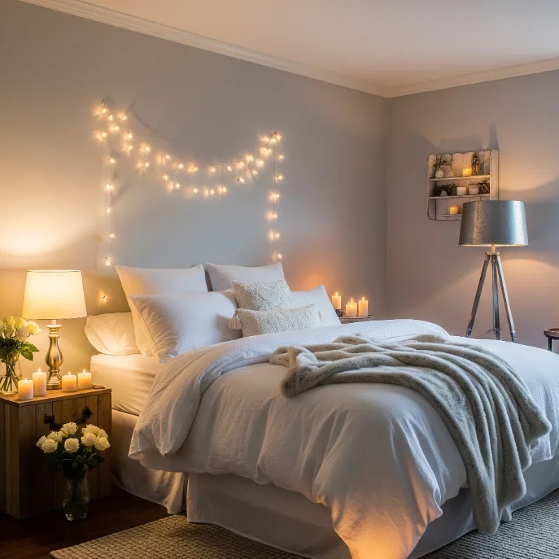 White Linen Bed with String Lights and Rustic Crate Style Nightstand