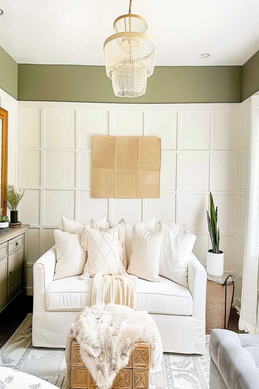 White Loveseat against Sage Green Board and Batten Accent Wall
