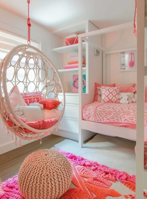 White Macrame Hanging Chair Styling in Vibrant Teen Bedroom