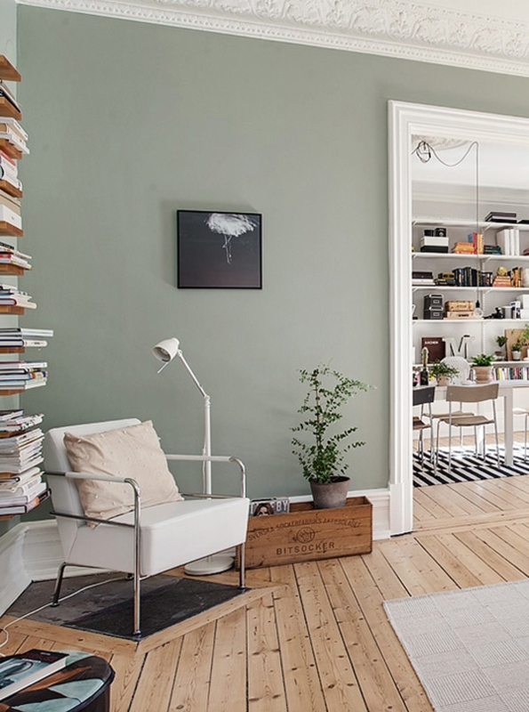 White Metal Accent Chair in Minimalist Nook with Crown Molding