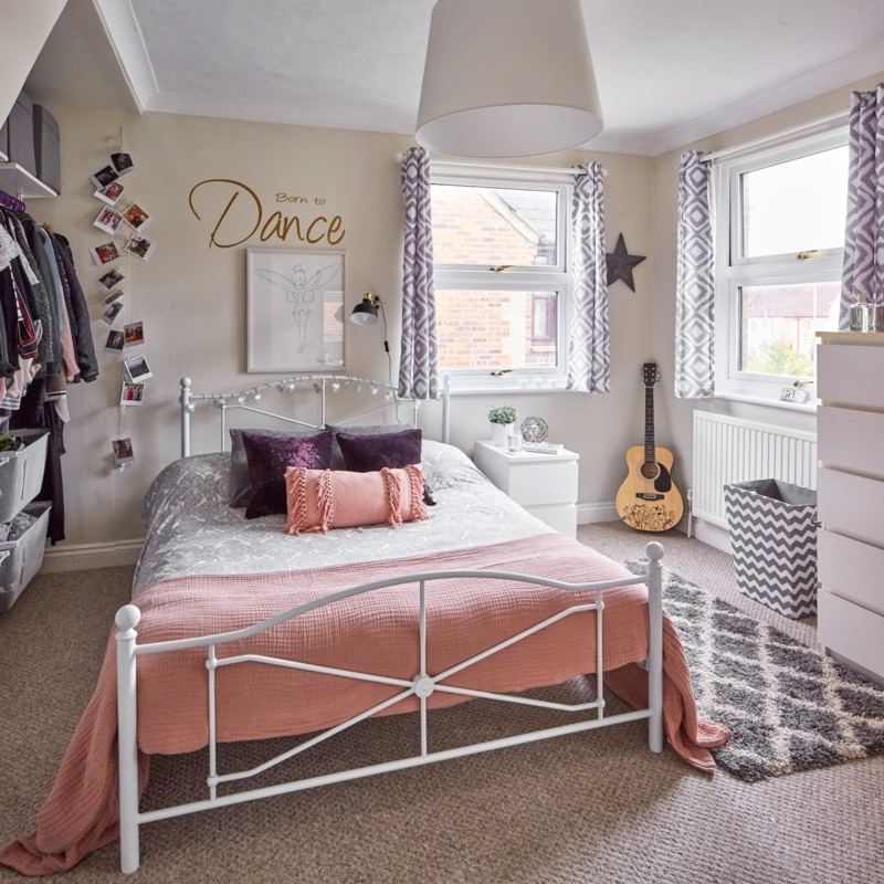 White Metal Bed Frame in Personalized Teen Room with Geometric Rug